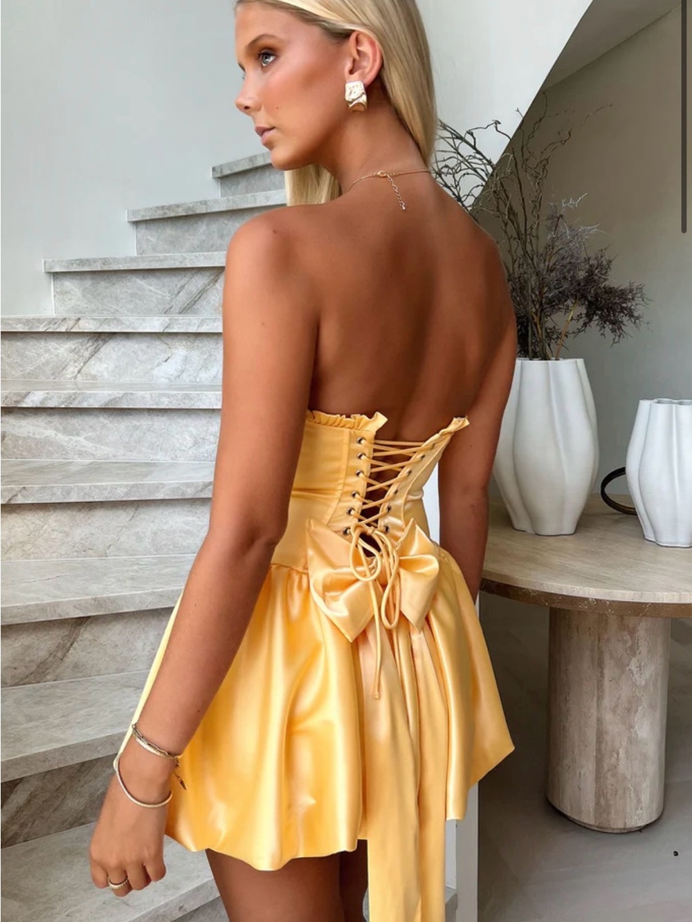 Yellow Backless Lace-Up Satin Mini Dress with Decorative Bow